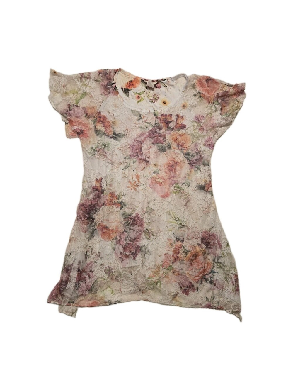 Brittany Black Lace Tunic Top Sz M Mixed Pink Floral Sharkbite Hem Lined Y2K